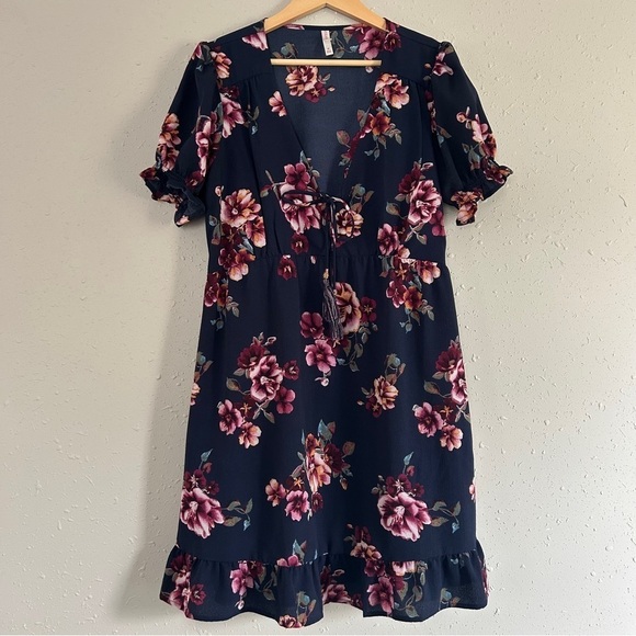 🦋 Xhilaration Blue Purple Floral Mini Dress Ruffle Formal Casual Medium - Picture 1 of 5